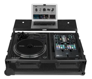 UDG Ultimate Flight Case Single Turntable Battle/ PLX-CRSS12 & 10"/12" Mixer Black Plus (Laptop Shelf, Trolley & Wheels)